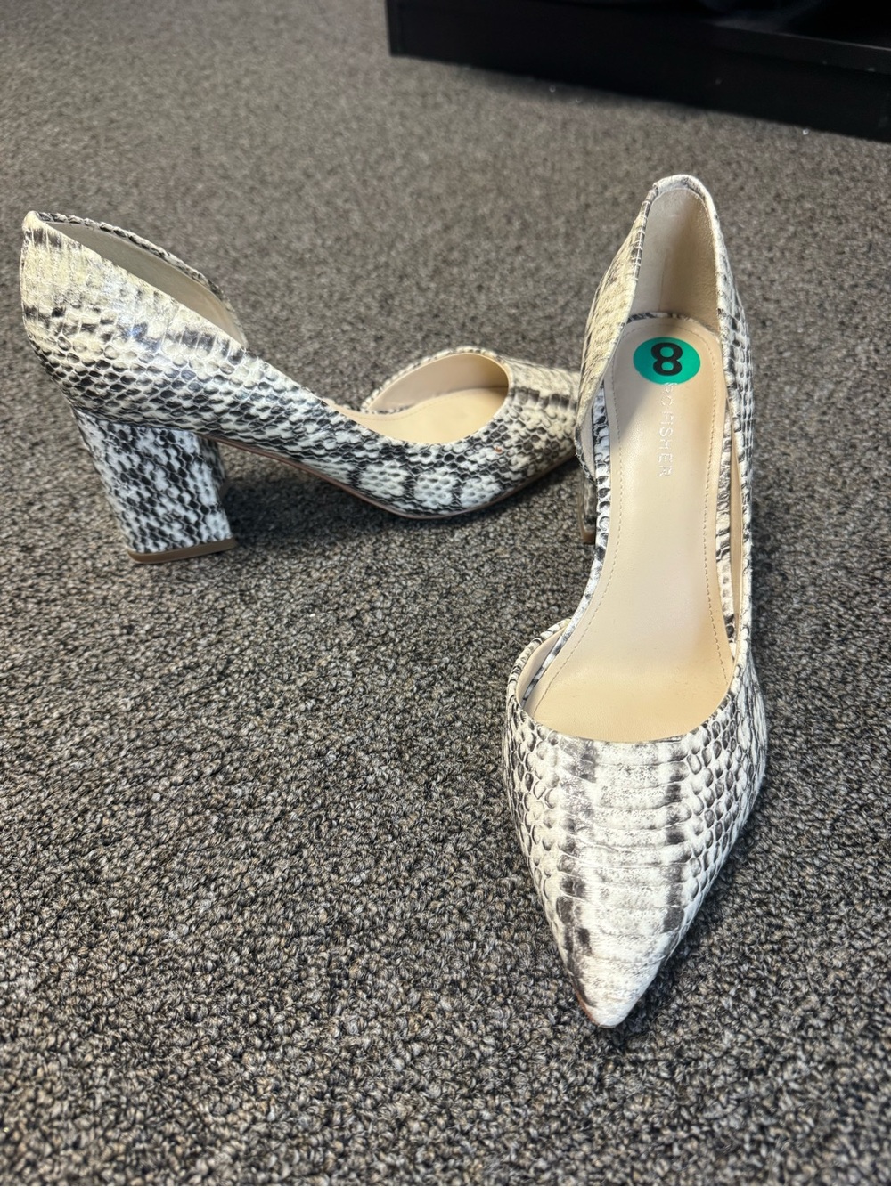 Marc Fisher Pointed Snake-Print Block Heels in Cream and Gray